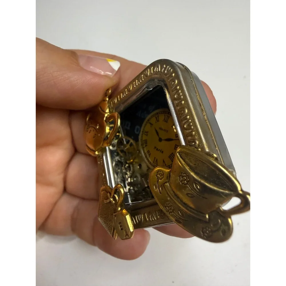 Steampunk Tea Time Shadow Box Pendant Quartz Paris Clock Teapot Teacup Charms
